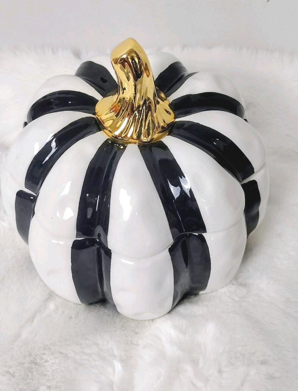 New~ Black & White Round Ceramic Pumpkin Canister Designer Inspired
